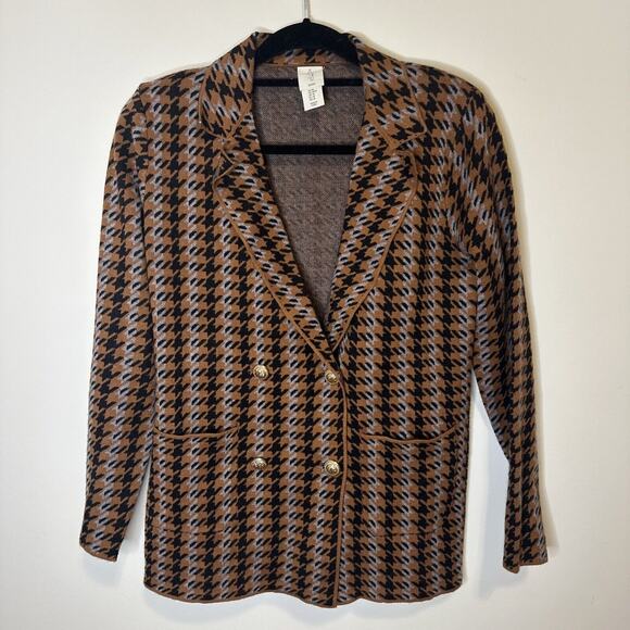 Joie Knit Rust Black Houndstooth Check Blazer Size Medium Jacket Lapel Brown - Picture 1 of 5